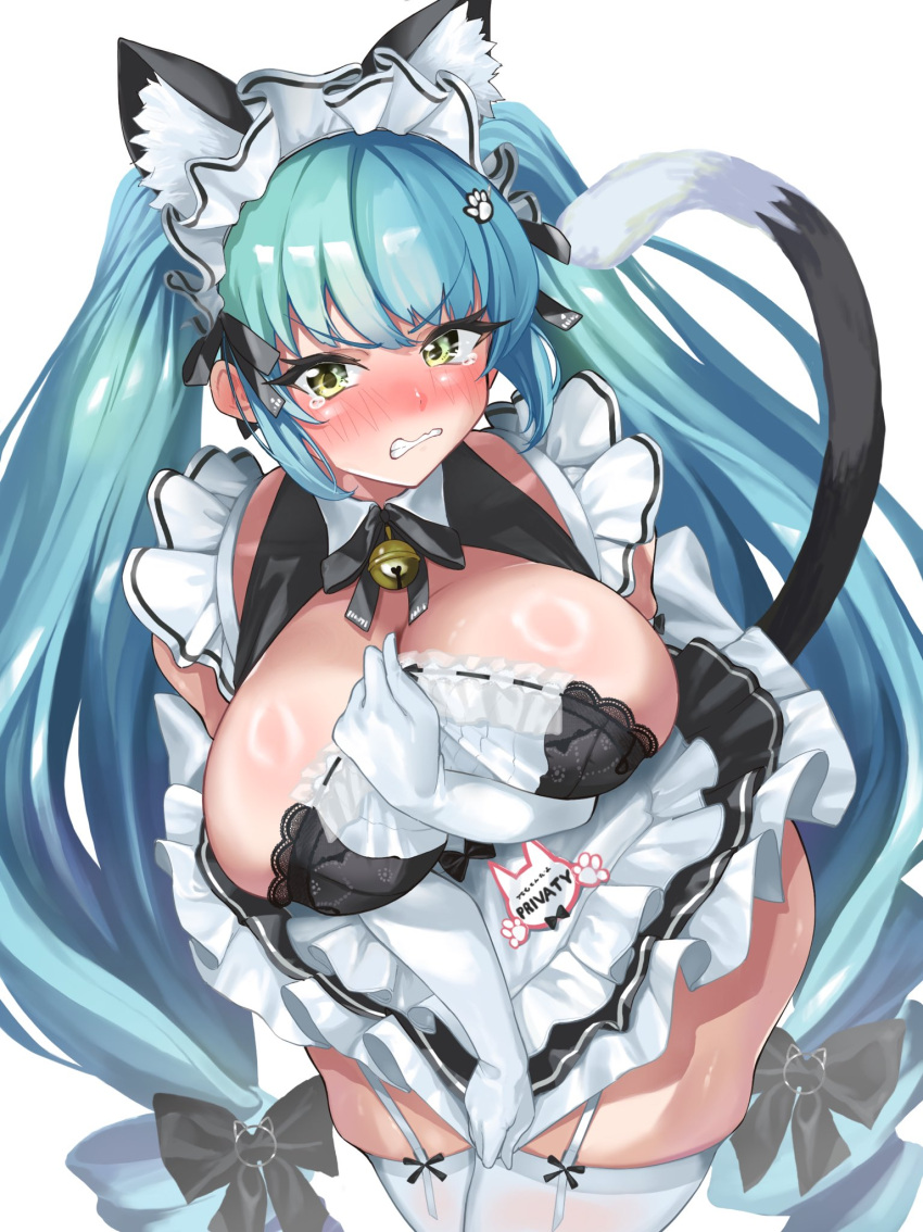 animal_ears apron aqua_hair bell black_dress blush breasts cat_ears cleavage clenched_teeth dress elbow_gloves female garter_straps gloves goddess_of_victory:_nikke highres hiromusan large_breasts long_hair looking_at_viewer low_neckline maid maid_apron maid_headdress neck_bell paw_hair_ornament privaty_(nikke) privaty_(unkind_maid)_(nikke) tearing_up teeth thighhighs twintails very_long_hair wavy_mouth white_apron white_garter_straps white_gloves white_headdress white_thighhighs yellow_eyes