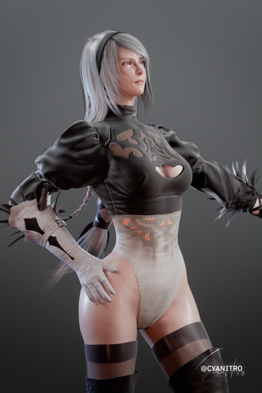 2b_(nier:automata) 2b_(nier:automata)_(cosplay) 3d absurdres blender_(medium) boots braid cameltoe color_connection company_connection cosplay crossover cyanitro feather-trimmed_sleeves female final_fantasy final_fantasy_xvi gloves hair_color_connection highleg highleg_leotard highres jill_warrick leotard long_hair low-tied_long_hair nier:automata nier_(series) single_braid single_glove solo thigh_boots thighhighs thighhighs_under_boots