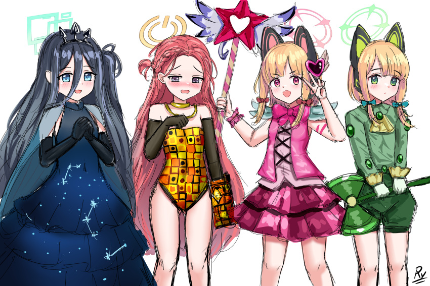 4girls :d animal_ear_headphones animal_ears aris_(blue_archive) axe black_gloves black_hair blonde_hair blue_archive blue_bow blue_dress blue_eyes blush bow braid breasts closed_mouth commentary constellation_print cosplay covered_navel dress elbow_gloves english_commentary fake_animal_ears feet_out_of_frame forehead gloves green_eyes green_shirt green_shorts grey_eyes hairbow halo hand_up headphones heart highres holding holding_axe holding_staff inktober king_of_greed king_of_greed_(cosplay) knight_of_despair knight_of_despair_(cosplay) leotard lobotomy_corporation long_hair long_sleeves midori_(blue_archive) momoi_(blue_archive) multiple_girls nose_blush one_side_up own_hands_together pink_shirt pink_skirt pink_vest power_symbol print_dress project_moon puffy_shorts queen_of_hatred queen_of_hatred_(cosplay) red_bow red_eyes red_hair rylaera servant_of_wrath servant_of_wrath_(cosplay) shirt short_shorts shorts sidelocks signature simple_background skirt small_breasts smile staff standing strapless strapless_leotard v v-shaped_eyebrows very_long_hair vest white_background white_gloves yuzu_(blue_archive)