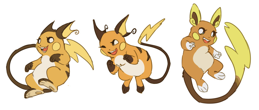 2022 absurd_res alolan_form alolan_raichu ambiguous_gender brown_eyes cheek_spots digital_media_(artwork) eyelashes flavia-elric fur generation_1_pokemon generation_7_pokemon group hi_res nintendo one_eye_closed open_mouth open_smile paws pokemon pokemon_(species) pupils raichu regional_form_(pokemon) sharp_teeth simple_background smile tail teeth tongue trio white_background white_pupils yellow_cheeks