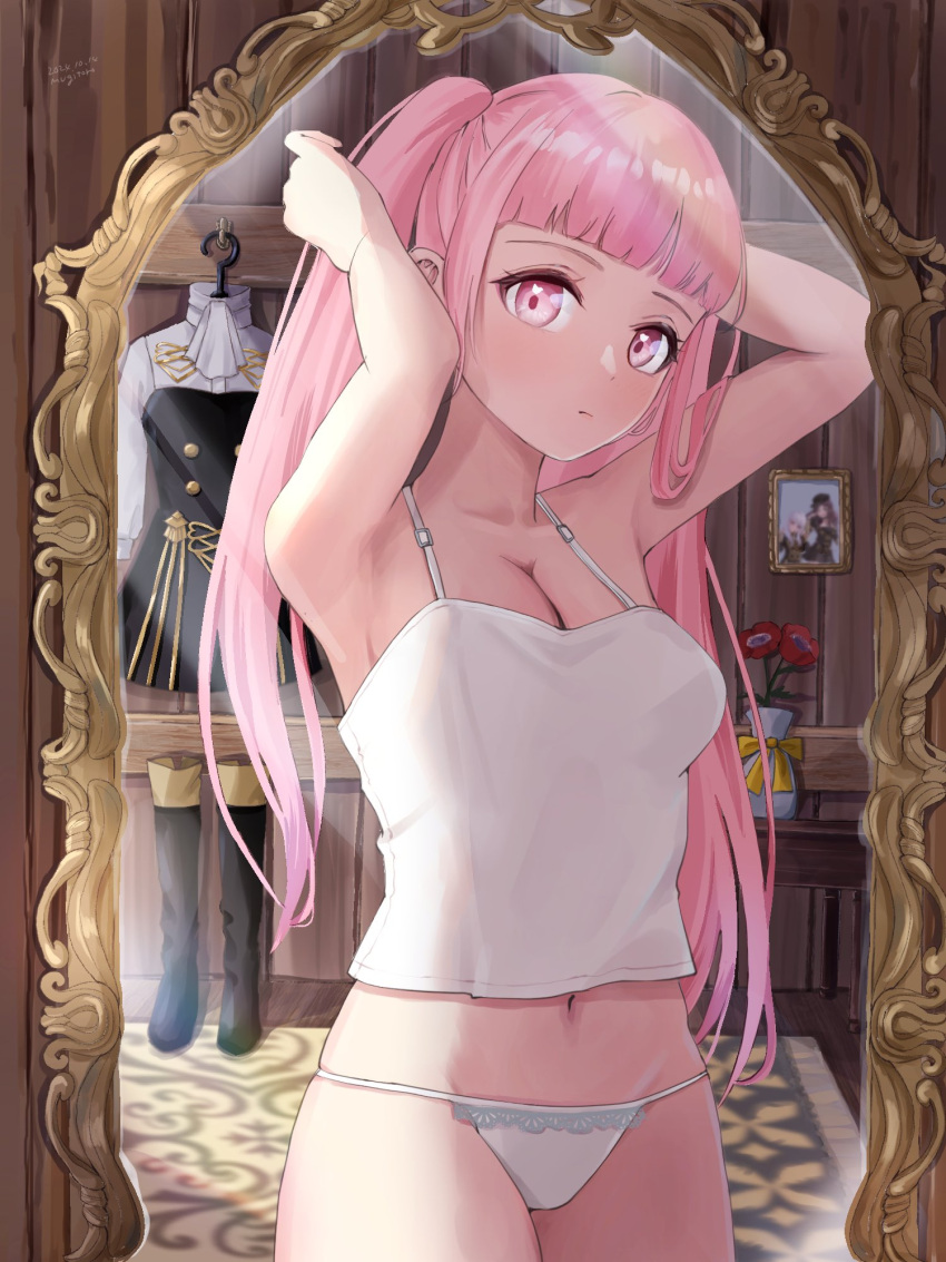 blunt_bangs breasts cleavage closed_mouth commentary_request dorothea_arnault eyelashes female fire_emblem fire_emblem:_three_houses garreg_mach_monastery_uniform highres hilda_valentine_goneril indoors large_breasts long_hair looking_at_viewer lysithea_von_ordelia mirror mugitoro_(dsfv2277) navel panties pink_eyes pink_hair portrait_(object) reflection sidelocks solo twintails underwear white_panties