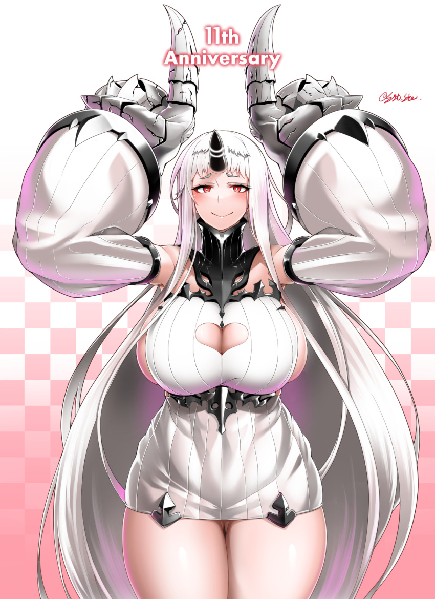 abyssal_ship anniversary blush breasts cleavage_cutout clothing_cutout cowboy_shot detached_sleeves female gauntlets highres horns huge_breasts kantai_collection long_hair looking_at_viewer red_eyes saizu_nitou_gunsou seaport_princess sideboob single_horn skindentation smile solo thigh_gap thighs very_long_hair white_hair