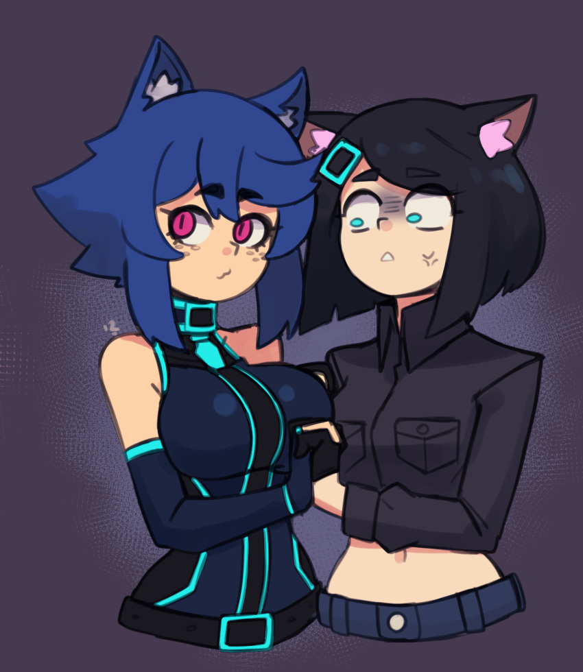 2girls :3 black_background black_hair blue_eyes blue_hair breast_envy cat_girl cosplay costume_switch doce gloom_(expression) hair_ornament hairclip haqu_(suweeka) highres holding_hands multiple_girls original pink_eyes skin_tight slit_pupils xiao_(doce)