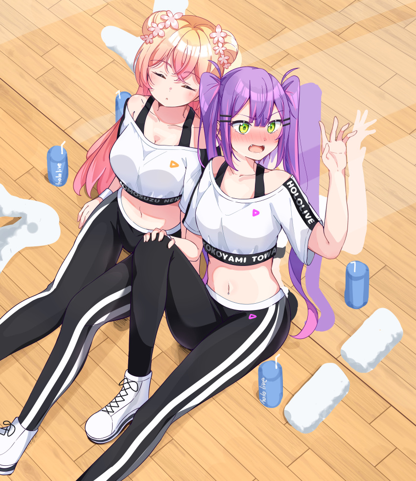 2girls absurdres against_mirror against_wall black_pants black_sports_bra blonde_hair blush breasts center-flap_bangs character_name clothes_writing colored_inner_hair commentary_request crop_top dance_studio double-parted_bangs double_bun embarrassed fangs flower from_above gradient_hair green_eyes hair_between_eyes hair_bun hair_flower hair_ornament hairclip high_tops highres hololive hololive_dance_practice_uniform indoors long_hair medium_breasts midriff mirror momosuzu_nene multicolored_hair multiple_girls navel navel_piercing off-shoulder_shirt off_shoulder official_alternate_costume okome_0628 open_mouth pants piercing pink_hair purple_hair shirt shoes short_sleeves side_up_bun sidelocks sitting sleeping sneakers sports_bra streaked_hair sweatpants t-shirt tokoyami_towa towel twintails two_side_up virtual_youtuber white_footwear white_shirt wooden_floor yoga_pants