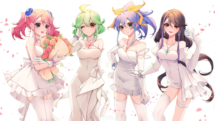 4girls :d ;) absurdres bare_shoulders black_hair blue_eyes bouquet bracelet bracelet_girls breasts closed_mouth dress elbow_gloves gloves green_eyes green_hair hair_between_eyes hair_ornament hair_ribbon hand_in_own_hair hand_on_own_hip highres hiiragi_yuzu holding holding_bouquet jewelry kurosaki_ruri long_hair looking_at_viewer multiple_girls one_eye_closed open_mouth petals pink_hair ponytail purple_eyes purple_hair ribbon rin_(yu-gi-oh!) serena_(yu-gi-oh!) short_hair smile thighhighs twintails wedding_dress white_background white_dress white_gloves white_thighhighs xltcharlotte yellow_eyes yellow_ribbon yu-gi-oh! yu-gi-oh!_arc-v