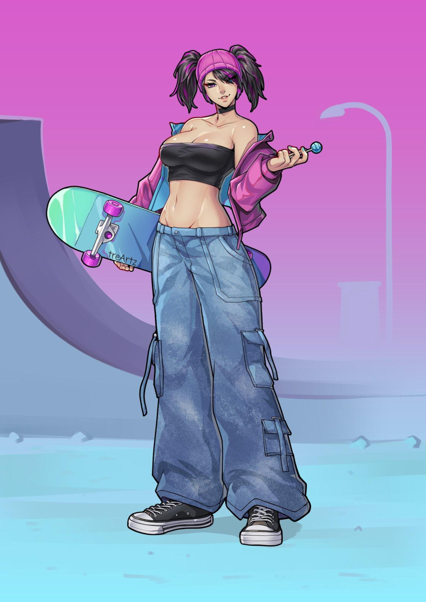 alternate_costume bare_shoulders black_choker black_footwear black_hair breasts candy cargo_pants choker cleavage collarbone crop_top denim female food full_body hat highres holding holding_candy holding_food holding_lollipop holding_skateboard jacket jeans juri_han large_breasts lips lollipop looking_at_viewer midriff multicolored_hair navel off_shoulder open_clothes open_jacket pants parted_lips pink_lips purple_eyes purple_hair purple_hat purple_jacket shoes skateboard smile sneakers solo standing stomach strapless streaked_hair street_fighter tre_artz tube_top