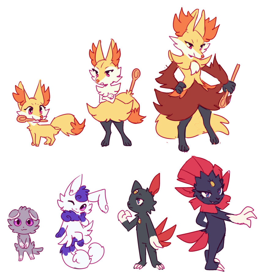 2022 2_tails ambiguous_gender anthro biped black_body black_nose blue_eyes braixen chest_gem claws crossed_arms cutlery delphox digital_media_(artwork) espurr eyebrows female fennekin finger_claws flavia-elric fluffy fluffy_tail forehead_gem fur gem generation_2_pokemon generation_4_pokemon generation_6_pokemon group hi_res holding_spoon inner_ear_fluff kitchen_utensils meowstic mouth_closed multi_tail nintendo one_eye_closed open_mouth paws pink_eyes pink_pupils pokemon pokemon_(species) pose pupils purple_eyes quadruped red_tail sharp_teeth simple_background sneasel spoon standing tail teeth tools tuft weavile white_background white_body white_fur white_sclera yellow_body yellow_fur yellow_gem