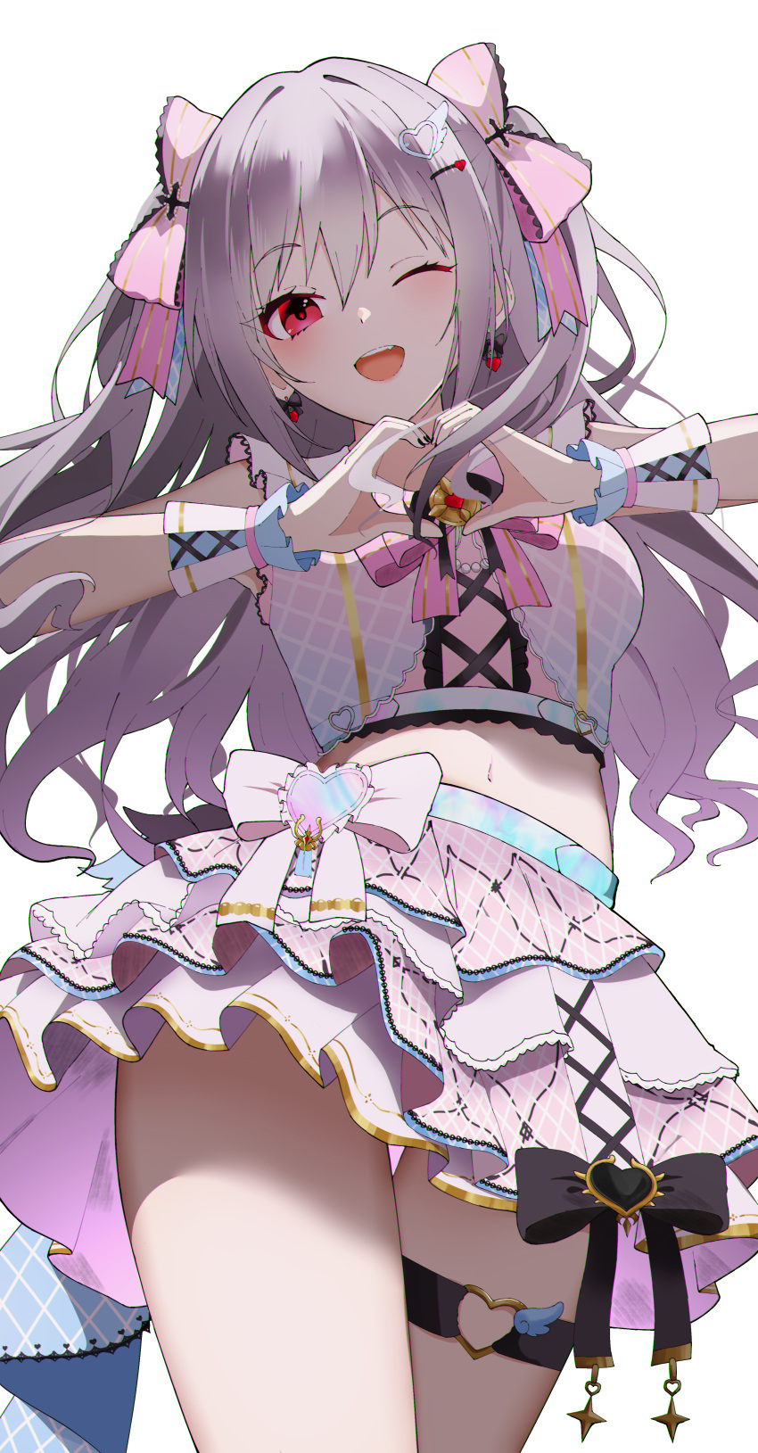 ;d absurdres blush breasts cropped_shirt cross-laced_clothes female grey_hair heart heart_hands heart_o-ring highres idolmaster idolmaster_cinderella_girls kanzaki_ranko layered_skirt long_hair looking_at_viewer medium_breasts midriff miniskirt miraclemeteor navel o-ring o-ring_thigh_strap official_alternate_costume one_eye_closed pink_skirt red_eyes shirt simple_background skirt sleeveless sleeveless_shirt smile solo thigh_strap two_side_up very_long_hair white_background