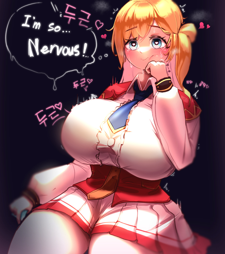 absurdres blonde_hair blue_eyes blue_necktie blush breasts capelet center_frills collared_shirt corset enome female fence frills futoku_no_guild go5ne heart heart_in_eye highres huge_breasts long_sleeves looking_at_viewer necktie open_mouth pleated_skirt red_capelet red_corset shirt skirt smile solo symbol_in_eye white_shirt wooden_fence