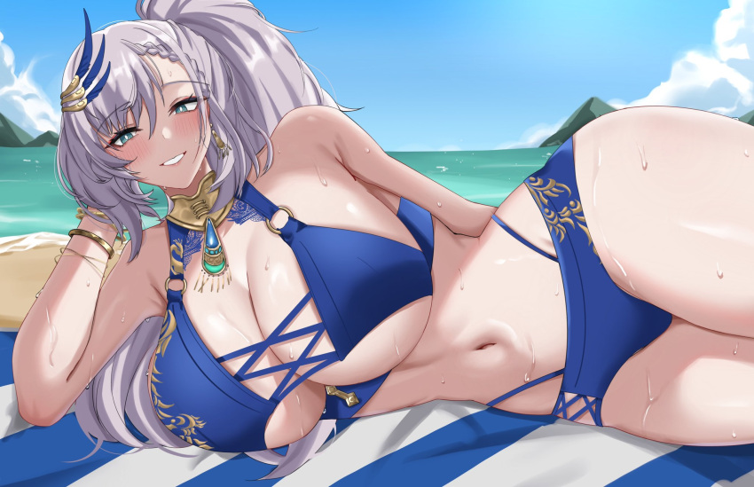 beach bikini blue_bikini blue_eyes blue_sky blush braid braided_bangs breasts cleavage collarbone day feather_hair_ornament feathers female green_eyes grey_hair hair_ornament halterneck highres hololive hololive_indonesia jewelry large_breasts long_hair looking_at_viewer navel ocean open_mouth outdoors pavolia_reine sky smile solo swimsuit virtual_youtuber water yobi_(ybpac18)