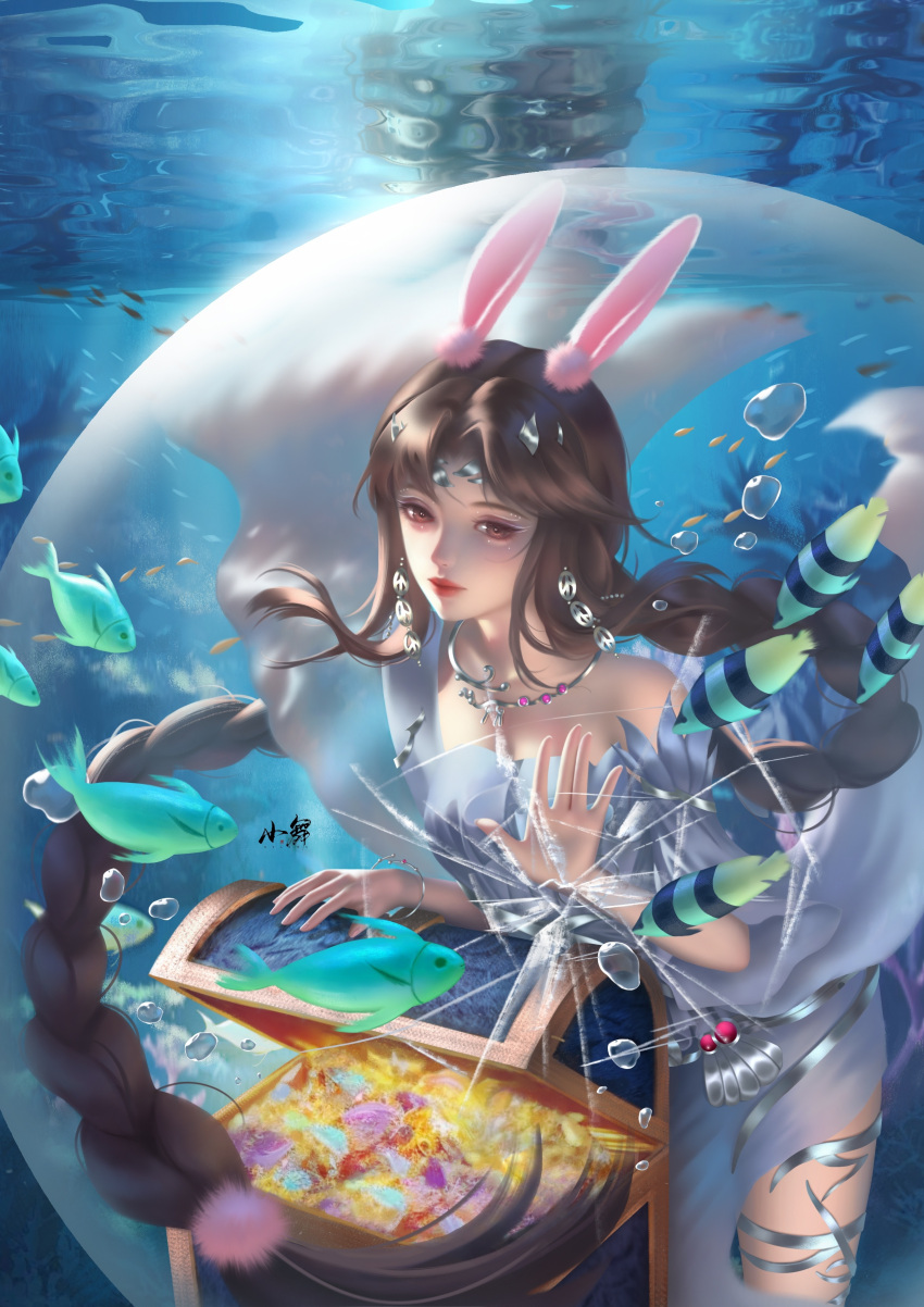 absurdres animal_ears artist_request bare_shoulders braid breasts brown_hair bubble closed_mouth douluo_dalu dress female fish highres jewelry long_hair medium_breasts necklace rabbit_ears second-party_source shattered solo thighlet underwater upper_body white_dress xiao_wu_(douluo_dalu)