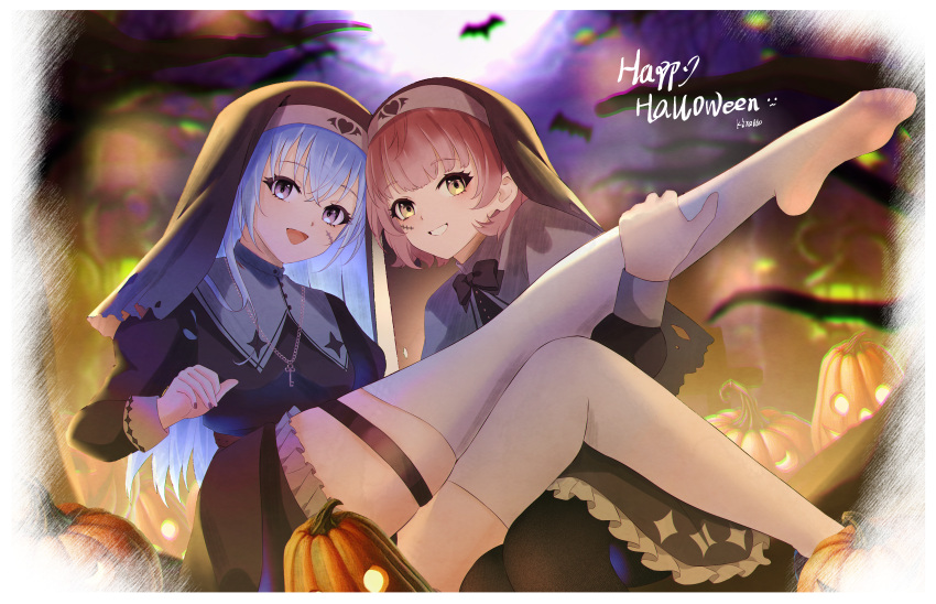 2girls absurdres black_dress black_hat blue_hair blush breast_curtains commentary dress english_commentary habit halloween_costume happy_halloween hat highres idolmaster idolmaster_shiny_colors ikuta_haruki looking_at_viewer miraclemeteor multiple_girls nun pink_hair pumpkin scar scar_on_cheek scar_on_face simple_bat smile suzuki_hana thigh_strap thighhighs white_thighhighs