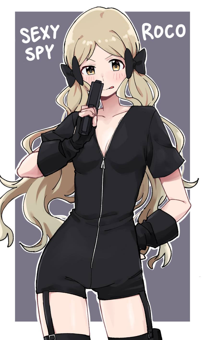 :q billbung black_gloves black_ribbon black_thighhighs blush border breasts cleavage collarbone commentary cowboy_shot dot_nose english_commentary english_text female fluffy_hair garter_straps gloves grey_background gun hair_ribbon hand_on_own_hip handa_roco handgun highres holding holding_gun holding_weapon idolmaster idolmaster_million_live! idolmaster_million_live!_theater_days light_brown_hair long_hair looking_at_viewer outside_border parted_bangs ribbon short_sleeves small_breasts solo standing thighhighs tongue tongue_out twintails v-shaped_eyebrows very_long_hair wavy_hair weapon white_border yellow_eyes zipper zipper_pull_tab