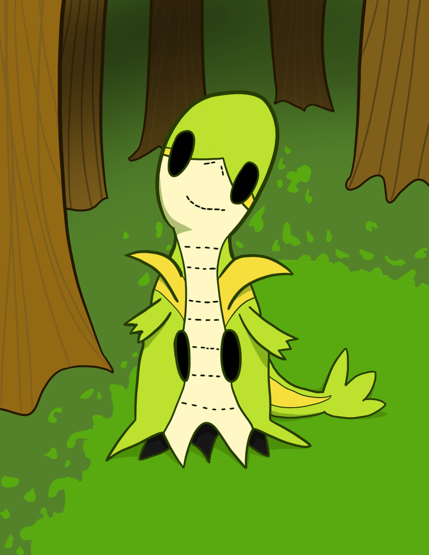 ambiguous_gender disguise feral forest generation_5_pokemon generation_7_pokemon grass head_tilt hi_res mimikyu nintendo plant pokemon pokemon_(species) shaded skyslicer824 smile snivy solo tree