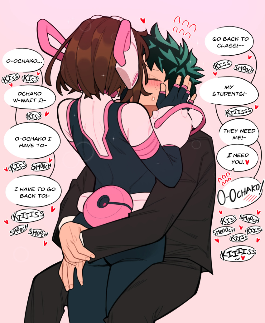 1boy absurdres ass black_bodysuit black_jacket black_pants blush bodysuit boku_no_hero_academia brown_hair english_text female flying_sweatdrops freckles green_hair headset heart highres implied_kiss jacket loopvoid midoriya_izuku multicolored_bodysuit multicolored_clothes pants pink_bodysuit short_hair speech_bubble straight sweat uraraka_ochako