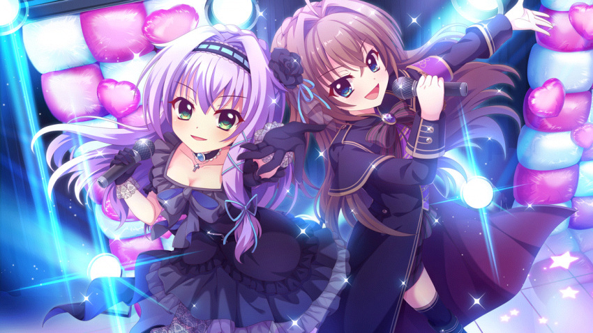 2girls ahoge alternate_hairstyle balloon black_choker black_dress black_flower black_gloves black_hairband black_rose black_thighhighs blue_eyes blue_gemstone blue_ribbon braid breasts brown_hair choker cleavage collarbone concert crown_braid dot_nose dress film_grain flower from_above game_cg gem gloves green_eyes hair_flower hair_intakes hair_ornament hair_ribbon hairband heart_balloon hokaze_kanade holding holding_microphone izumi_tsubasu lace-trimmed_gloves lace_trim long_hair long_sleeves looking_at_viewer medium_breasts microphone multiple_girls non-web_source official_art open_mouth outstretched_arm outstretched_hand purple_hair re:stage! reaching reaching_towards_viewer ribbon rose shikimiya_aone smile stage stage_lights star_(symbol) thighhighs tile_floor tiles zettai_ryouiki