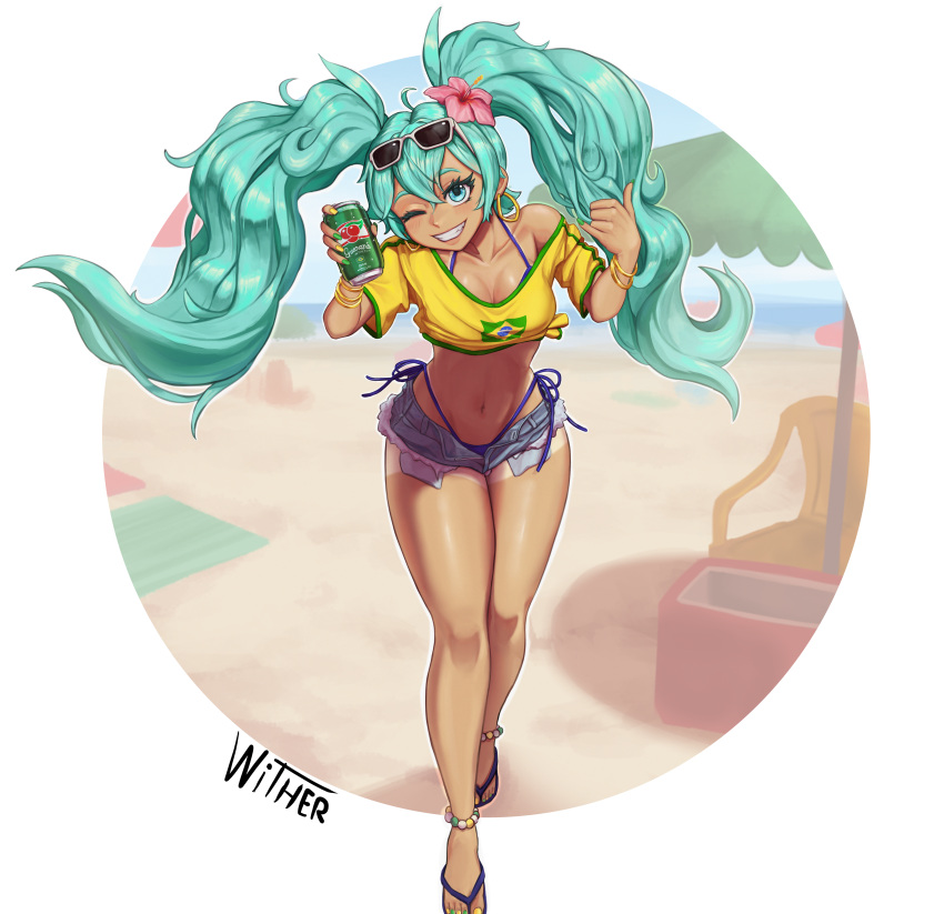 absurdres ahoge anklet aqua_eyes aqua_hair beach bikini blue_bikini blush bracelet brazilian_miku breasts can cleavage cooler denim denim_shorts drink_can earrings eyewear_on_head female flip-flops flower full_body guarana_antarctica hair_flower hair_ornament hatsune_miku highres holding holding_can jersey jewelry long_hair medium_breasts monobloc_(chair) multicolored_nails nail_polish navel one_eye_closed open_mouth sandals shirt short_shorts shorts signature soda_can solo stomach sunglasses swimsuit tan tanlines teeth toenail_polish toenails twintails very_long_hair vocaloid walking wither yellow_shirt