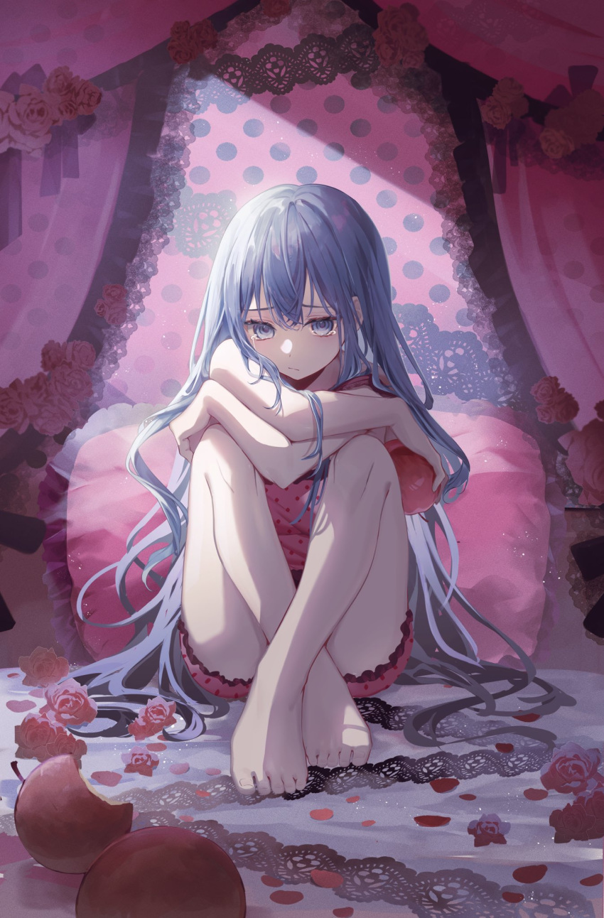 :/ apple barefoot bed bitten_apple black_lace_trim blue_eyes blue_hair camisole canopy_bed crossed_arms crossed_legs crying crying_with_eyes_open curtains female fetal_position flower food food_bite frilled_pillow frills fruit hair_down hatsune_miku highres holding holding_food holding_fruit knees_to_chest light_blue_hair long_hair messy_hair murumuru_(pixiv51689952) pale_skin petals pillow pink_camisole pink_curtains pink_pillow pink_theme polka_dot_camisole red_flower red_rose romeo_to_cinderella_(vocaloid) rose sad self_hug sitting solo streaming_tears tearing_up tears very_long_hair vocaloid