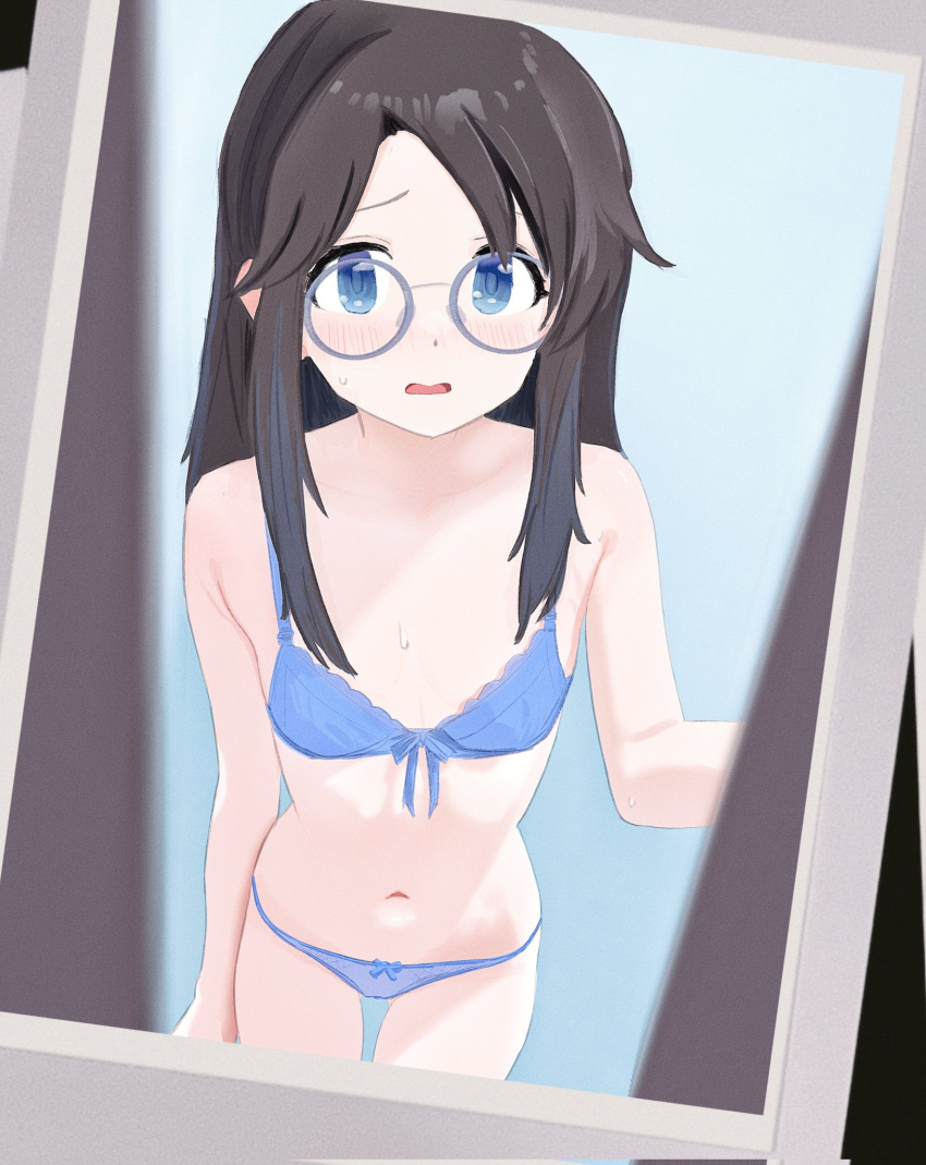 alternate_hairstyle asymmetrical_bangs black_hair blue_bra blue_eyes blue_panties blush bow bow_bra bow_panties bra cobwvmeti dot_nose embarrassed female glasses hair_down highres idolmaster idolmaster_shiny_colors long_hair mitsumine_yuika nude open_mouth panties round_eyewear solo sweatdrop underwear underwear_only