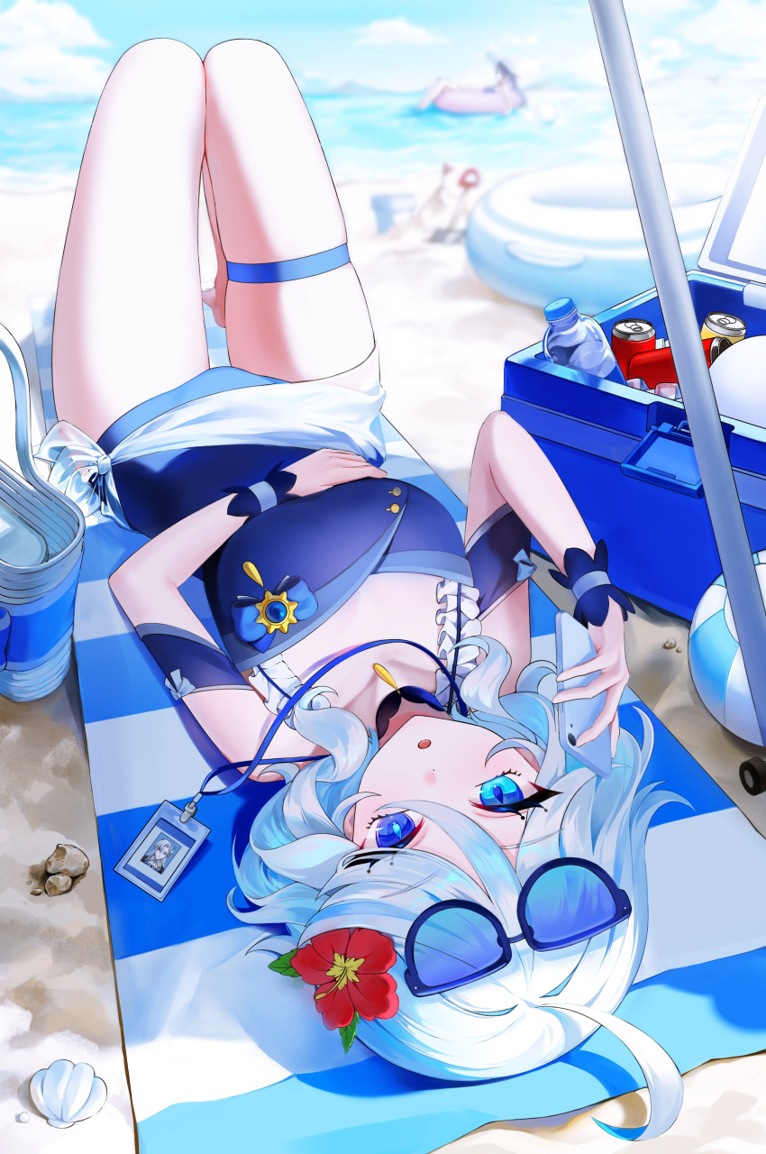 2girls absurdres alternate_costume ball beach beach_mat beachball blue-tinted_eyewear blue_eyes blue_one-piece_swimsuit blue_sky breasts cellphone clorinde_(genshin_impact) cooler cowlick day ddangddo drink drop-shaped_pupils eyewear_on_head flower furina_(genshin_impact) genshin_impact hair_flower hair_ornament heterochromia highres holding holding_phone id_card innertube knees_up lanyard looking_at_viewer lying multiple_girls ocean on_back one-piece_swimsuit phone sarong seashell shade shell sky small_breasts smartphone solo_focus sunglasses swim_ring swimsuit symbol-shaped_pupils thigh_strap tinted_eyewear upside-down white_sarong