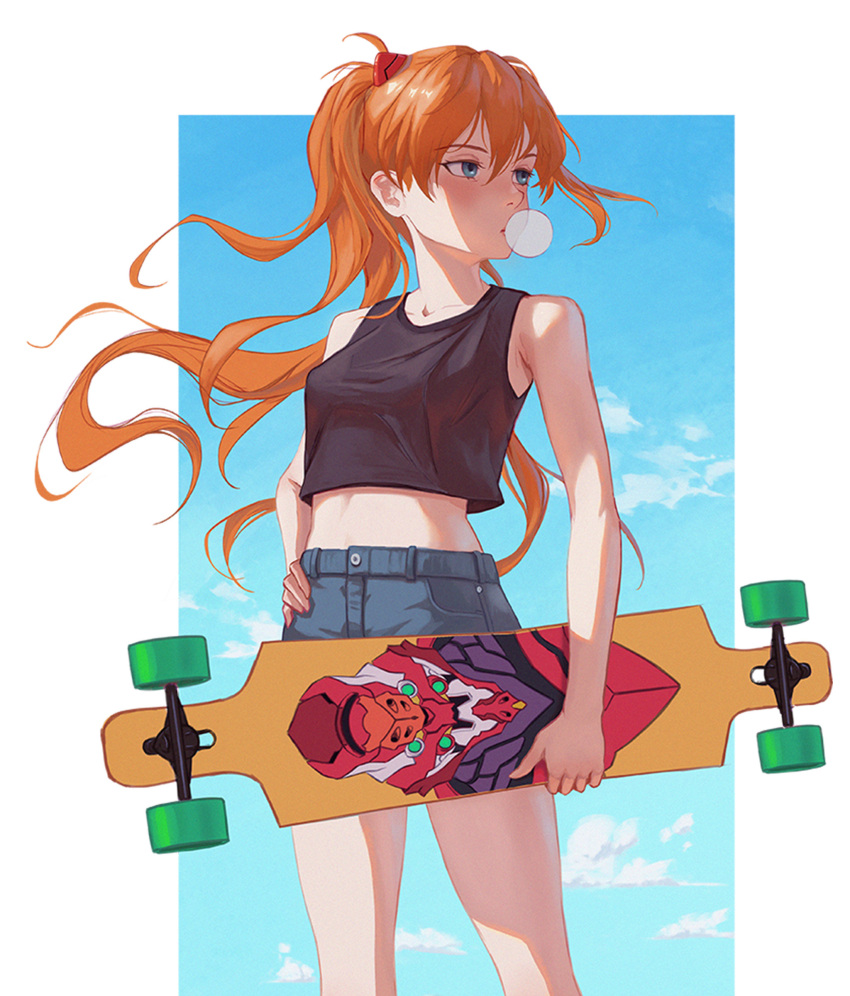 bad_link black_tank_top blowing_bubbles blue_eyes chewing_gum collarbone eva_02 female highres long_hair longboard midriff neon_genesis_evangelion orange_hair razv.art shorts skateboard solo souryuu_asuka_langley tank_top