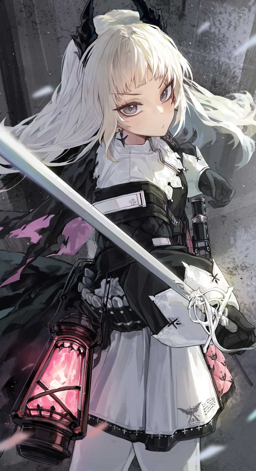 absurdres arknights black_coat black_gloves capelet coat cowboy_shot earrings female gloves grey_eyes highres irene_(arknights) jewelry juliet_sleeves kokukyukeo lantern long_hair long_sleeves looking_at_viewer pantyhose patterned_clothing pink_skirt pleated_skirt puffy_sleeves rapier serious skirt solo sword tsurime weapon white_hair white_pantyhose white_skirt