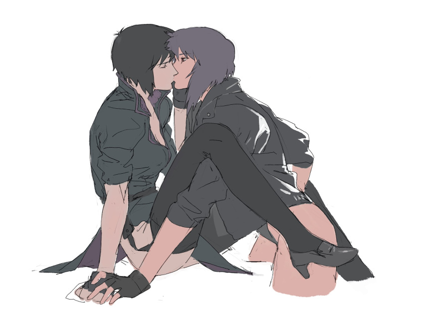 2girls aizheajsee between_legs black_footwear black_gloves black_hair black_jacket black_thighhighs breasts cleavage closed_eyes commentary fingerless_gloves ghost_in_the_shell gloves high_heels highres jacket kissing kusanagi_motoko medium_hair multiple_girls purple_hair selfcest simple_background sleeves_rolled_up symbol-only_commentary thighhighs white_background yuri