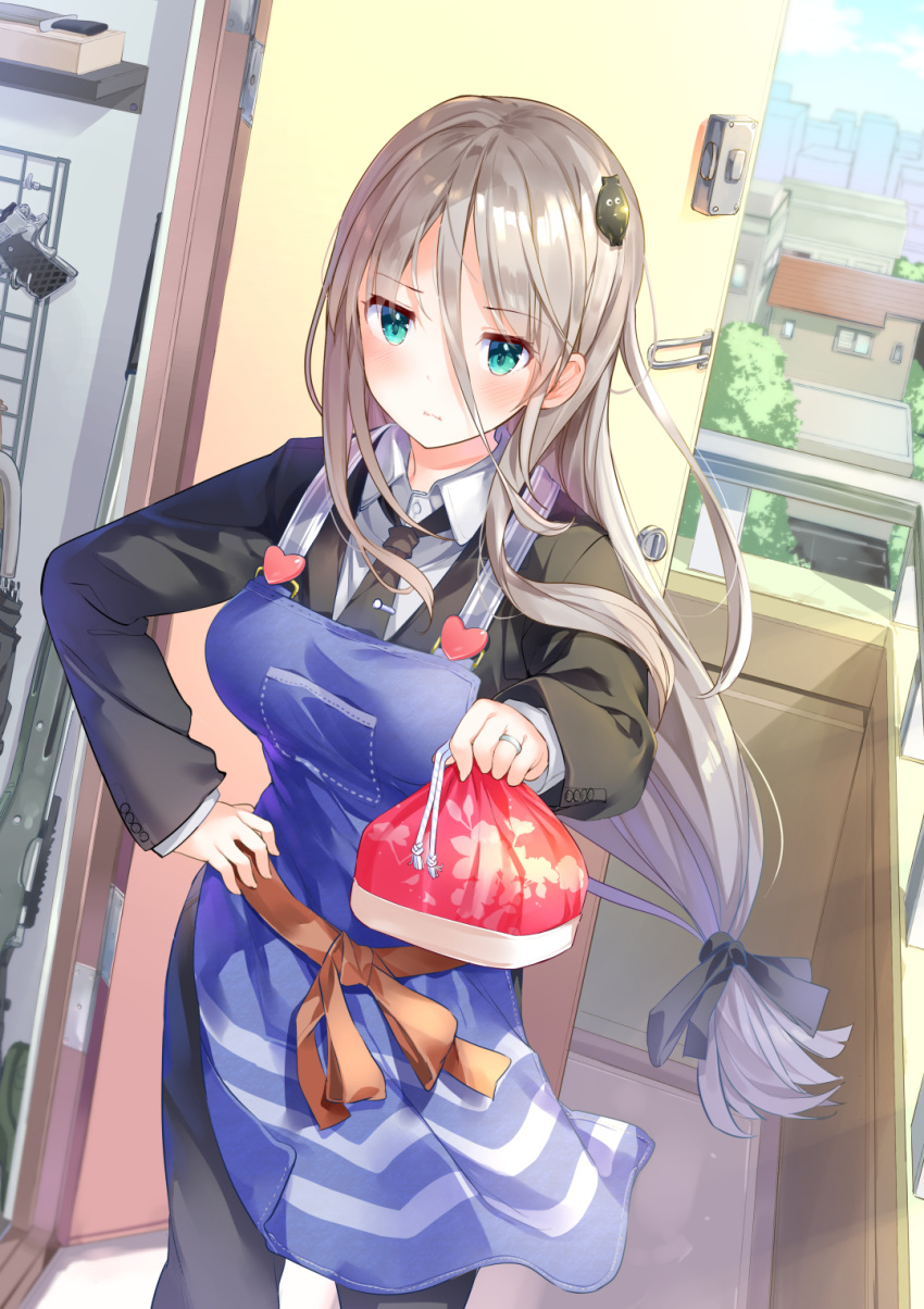 apron aqua_eyes bento black_necktie black_pants black_ribbon blue_apron blush breasts closed_mouth collared_shirt commentary_request day female formal grey_hair gun hair_between_eyes hair_ornament hair_ribbon hand_on_own_hip handgun heart highres holding jewelry knife long_hair long_sleeves low-tied_long_hair medium_breasts necktie open_door orange_ribbon original outdoors pants ribbon ring shirt solo suit takasaka_donten town umbrella very_long_hair wavy_mouth weapon wedding_ring wing_collar