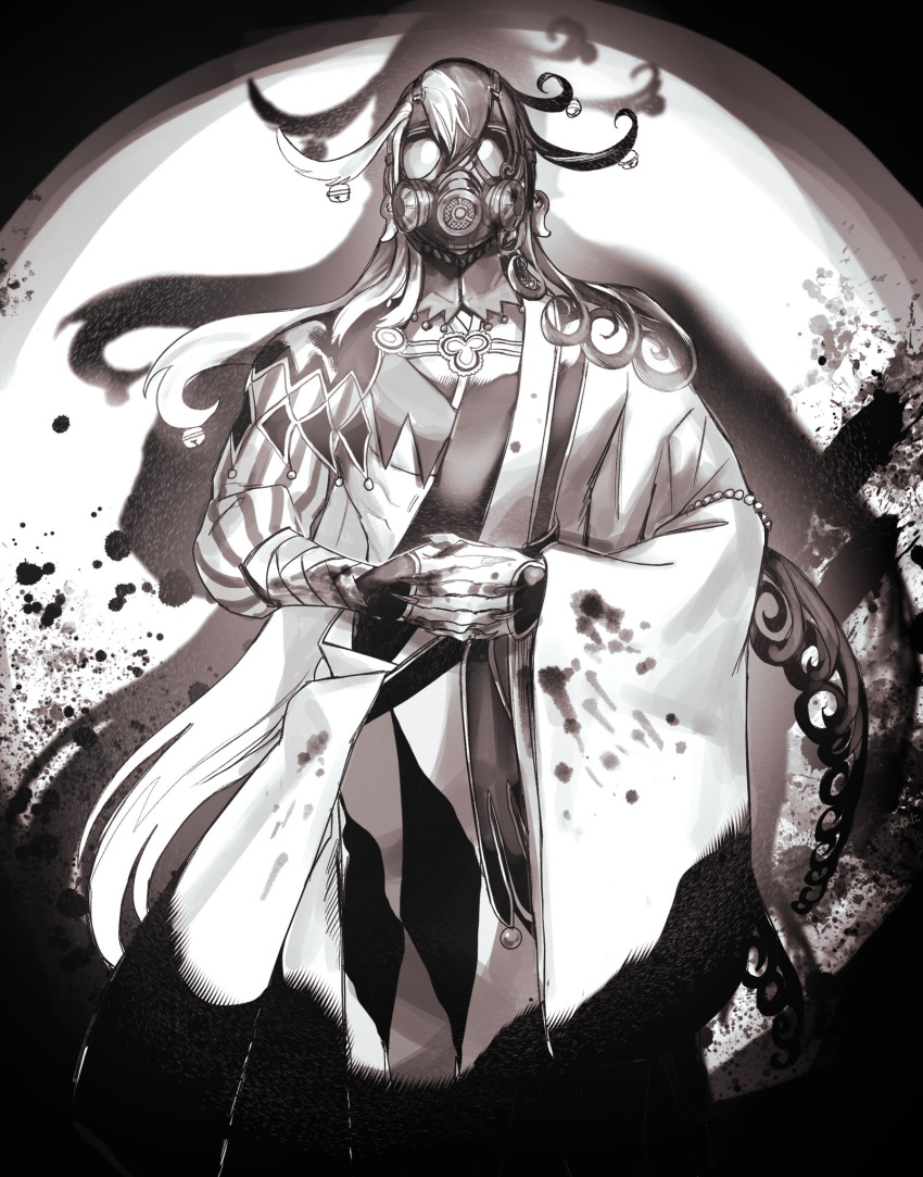 1boy ashiya_douman_(fate) asymmetrical_clothes asymmetrical_hair bell blood blood_on_clothes blood_on_hands blood_splatter curly_hair earrings fate/grand_order fate_(series) feet_out_of_frame fingernails full_moon gas_mask greyscale hadanugi_dousa hair_bell hair_between_eyes hair_intakes hair_ornament highres japanese_clothes jewelry kimono long_hair magatama magatama_earrings male_focus mask masked monochrome moon multicolored_hair onmyouji open_clothes open_kimono own_hands_together ribbed_sleeves shadow sharp_fingernails solo spotlight toned toned_male two-tone_hair very_long_fingernails very_long_hair yoneni_(yoneni_nigo)