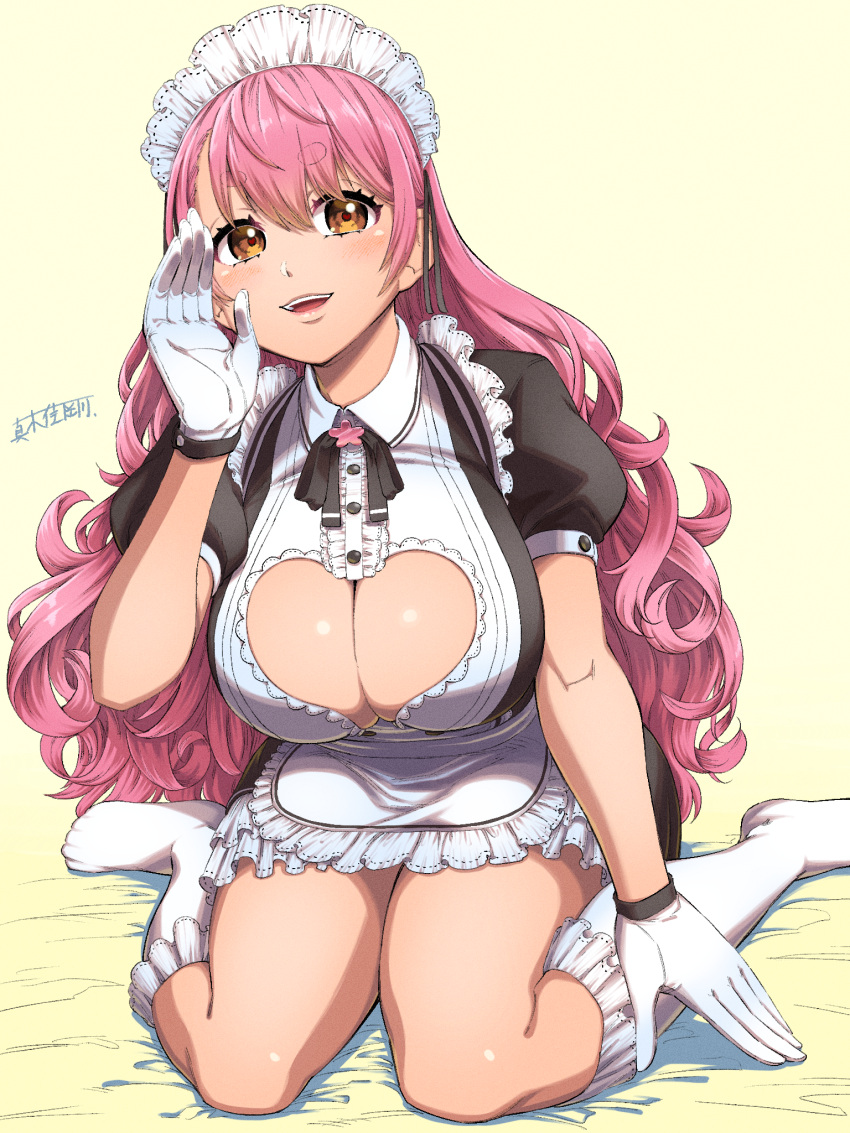 :d aizono_manami aizono_manami_(1st_costume) apron breasts cleavage_cutout clothing_cutout commentary_request curly_hair female full_body gloves hair_between_eyes heart heart-shaped_pupils heart_cutout highres kneehighs large_breasts long_hair looking_at_viewer maid maid_apron maid_headdress maki_yoshitake nijisanji open_hand open_mouth orange_eyes pink_hair puffy_short_sleeves puffy_sleeves short_eyebrows short_sleeves sitting smile socks solo symbol-shaped_pupils teeth thick_eyebrows thick_thighs thighs upper_teeth_only very_long_hair virtual_youtuber wariza white_gloves white_socks