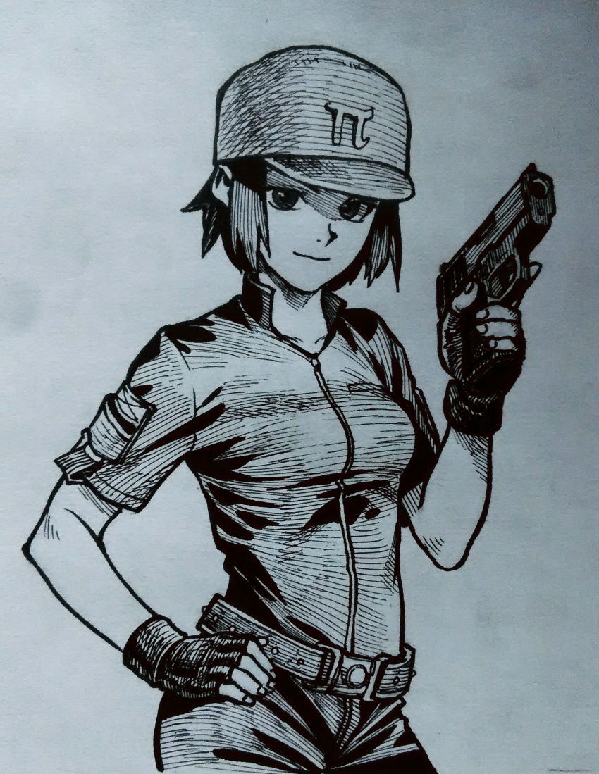 belt breasts female fingerless_gloves gloves gun hand_on_own_hip handgun hatching_(texture) highres monochrome nib_pen_(medium) original pi_(math) sendai_(nazonomono) short_hair small_breasts smile solo traditional_media trigger_discipline upper_body weapon