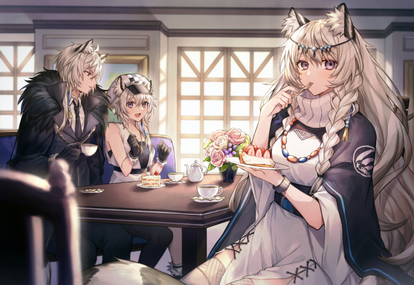 1boy 2girls :d animal_ear_fluff animal_ears arknights bare_arms bare_shoulders bead_necklace beads belt black_belt black_cape black_gloves black_jacket black_necktie braid brother_and_sister cabbie_hat cake cape chair cliffheart_(arknights) commentary coyucom cup dress flower food fur-trimmed_cape fur_trim gloves grey_eyes hair_between_eyes hat head_chain indoors jacket jewelry leopard_boy leopard_ears long_hair long_sleeves looking_at_viewer multiple_girls necklace necktie open_mouth pink_flower pink_rose plate pramanix_(arknights) profile rose shirt short_hair siblings silverash_(arknights) sisters sitting smile strawberry_shortcake table teacup teapot twin_braids white_dress white_hair white_headwear white_shirt window