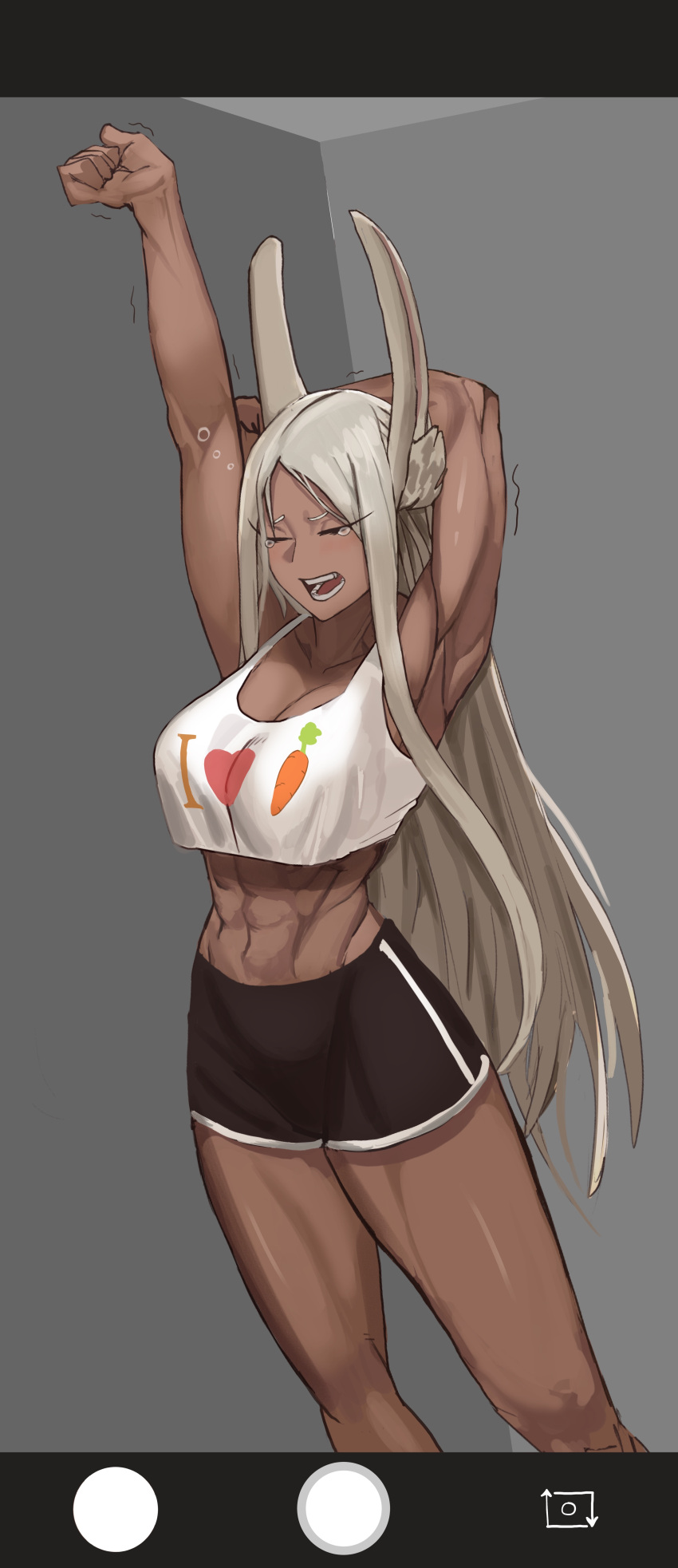 abs absurdres animal_ears arm_behind_head armpits arms_up bare_arms bare_legs bare_shoulders black_shorts boku_no_hero_academia breasts carrot_print cleavage closed_eyes collarbone crop_top dark-skinned_female dark_skin fake_phone_screenshot fake_screenshot female food_print heart heart_print highres large_breasts long_eyelashes long_hair midriff mirko muscular muscular_female navel obliques open_mouth parted_bangs rabbit_ears rabbit_girl raised_eyebrows red_eyes short_shorts shorts solo soolee040995 stretching tank_top tears thighs very_long_hair white_hair white_tank_top yawning