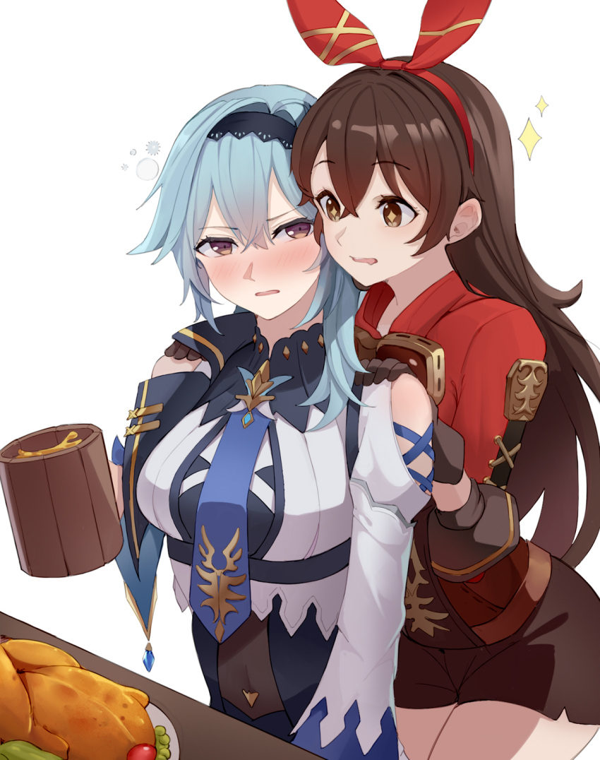 2girls amber_(genshin_impact) amco asymmetrical_hair beer_mug black_hairband blue_hair blue_necktie blush bow_hairband breasts brown_eyes brown_gloves brown_hair brown_shorts chinese_commentary clothing_cutout commentary crop_top cross-laced_clothes cup drink drooling eula_(genshin_impact) food genshin_impact gloves gradient_eyes hairband hands_on_another's_shoulders highres holding holding_drink large_breasts long_hair long_sleeves looking_at_another mug multicolored_eyes multiple_girls necktie red_hairband short_hair short_shorts shorts simple_background sparkle symbol-shaped_pupils table white_background yuri