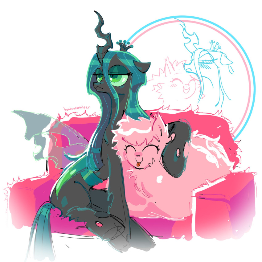 1:1 annoyed arthropod beehunterkisser changeling closed_eyes crown digital_media_(artwork) duo earth_pony equid equine eyeshadow fan_character female feral fluffle_puff fluffy friendship_is_magic fur furniture green_eyes green_eyeshadow green_hair green_sclera green_tail grey_body grey_skin hair half-closed_eyes hasbro headgear hi_res horn horse insect_wings long_hair makeup mammal my_little_pony narrowed_eyes pink_body pink_fur pony queen_chrysalis_(mlp) smile sofa tail tongue tongue_out wings