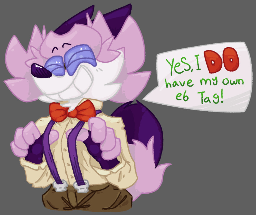 anthro blush bottomwear bow_tie canid canine clothed clothing dress_shirt english_text female fennec_fox fox fur hair horn humor ichigo_mackerel_(mdctoby12) mammal markings mdctoby12 nerd pants pink_body pink_fur purple_body purple_fur shirt simple_background smile solo suspenders text topwear true_fox white_body white_fur