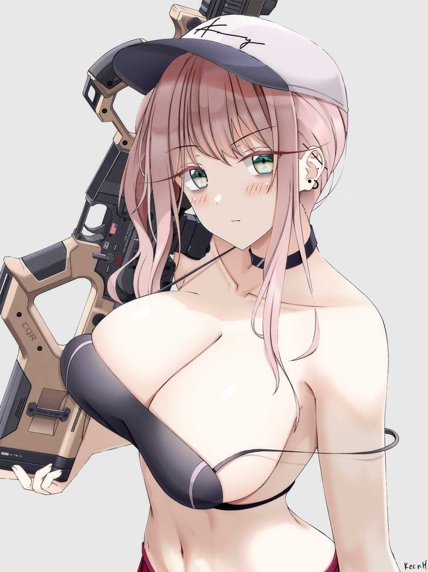 ar-57 ar-57_(girls'_frontline) artist_name bare_shoulders black_choker blush breasts choker cleavage closed_mouth collarbone ear_piercing female girls'_frontline green_eyes grey_background gun hat highres holding holding_gun holding_weapon keenh large_breasts looking_at_viewer medium_hair navel off_shoulder piercing pink_hair sidelocks simple_background skindentation solo submachine_gun weapon