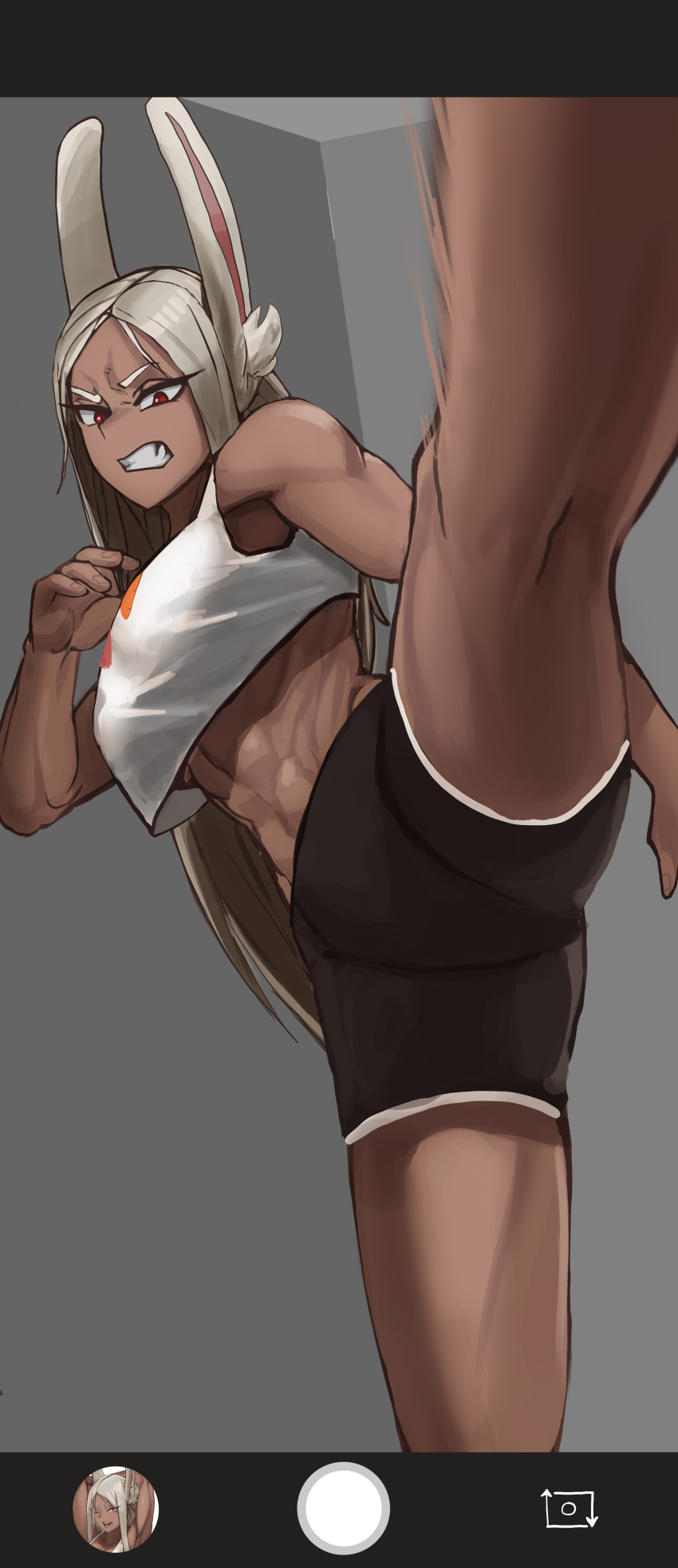 abs absurdres angry animal_ears bare_arms bare_legs bare_shoulders black_shorts boku_no_hero_academia breasts clenched_teeth crop_top dark-skinned_female dark_skin female highres imminent_kick kicking kneepits large_breasts long_eyelashes long_hair looking_at_viewer mirko motion_blur navel parted_bangs rabbit_ears rabbit_girl red_eyes short_shorts shorts solo soolee040995 standing standing_on_one_leg tank_top teeth thighs v-shaped_eyebrows very_long_hair white_hair white_tank_top