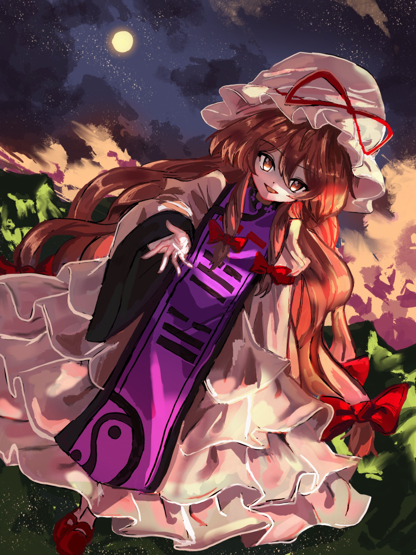 bow brown_eyes brown_hair dress dutch_angle female full_body full_moon hair_between_eyes hairbow hat hat_ribbon highres juliet_sleeves layered_dress long_hair long_sleeves looking_at_viewer mary_janes mob_cap moon mountainous_horizon night night_sky open_mouth outstretched_hand print_tabard puffy_sleeves purple_tabard reaching red_bow red_footwear red_ribbon ribbon shoes sky socks solo star_(sky) starry_sky sutaku77224 tabard touhou very_long_hair white_dress white_hat white_socks wide_sleeves yakumo_yukari