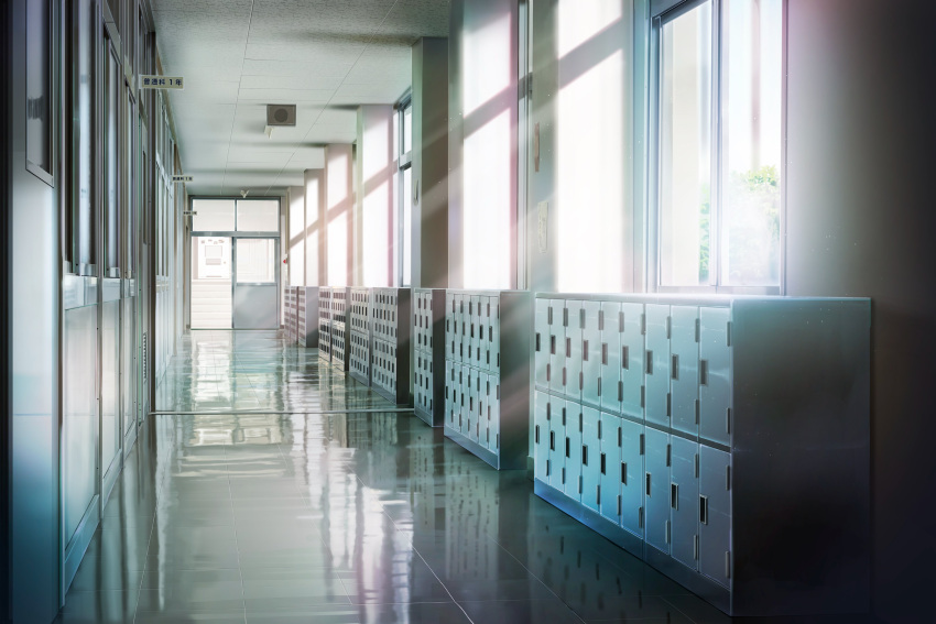 absurdres building classroom commentary_request day hallway hankachi_(okayama012) highres indoors lock locker no_humans original scenery school speaker sunlight tree