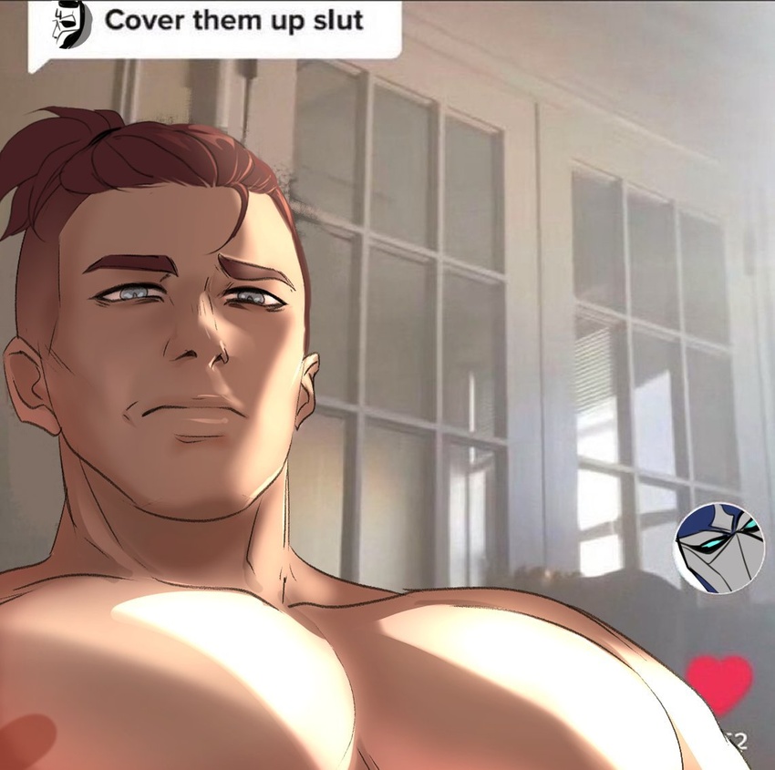 1boy areolae bara bekkomi brown_hair cover_them_up_slut_(meme) dialogue_box heart indoors jhin large_pectorals league_of_legends looking_at_viewer male_focus meme muscular muscular_male nude pectoral_focus pectorals ponytail shen_(league_of_legends) short_hair solo sunlight thick_eyebrows tiktok undercut upper_body user_interface