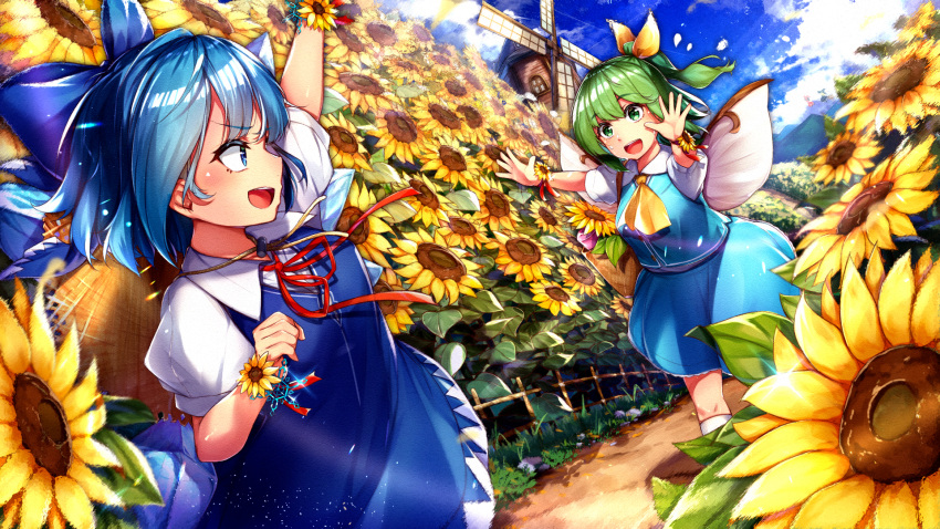 2girls ascot blue_eyes blue_hair blue_ribbon blue_skirt blue_sky blue_vest cirno cloud daiyousei day dress fairy_wings fence field flower flower_field garden_of_the_sun green_eyes green_hair hair_between_eyes hair_ribbon highres ice ice_wings marutenmaruten multiple_girls neck_ribbon open_mouth outdoors pinafore_dress puffy_short_sleeves puffy_sleeves red_ribbon ribbon running short_sleeves skirt sky sleeveless sleeveless_dress snowflake_ornament sunflower sunflower_field teeth touhou upper_teeth_only vest wings yellow_ascot yellow_ribbon