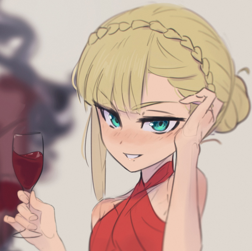 2girls absurdres adjusting_hair alcohol aqua_eyes asymmetrical_bangs blonde_hair blurry blurry_background blush braid breasts crown_braid cup daniel_deves dress drinking_glass fate_(series) hair_bun highres holding long_hair looking_at_viewer lord_el-melloi_ii_case_files multiple_girls parted_lips red_dress red_wine reines_el-melloi_archisorte single_hair_bun single_sidelock small_breasts smile trimmau_(fate) upper_body wine wine_glass