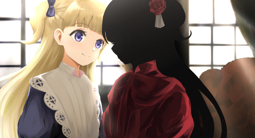 2girls apron blonde_hair blue_dress blue_eyes blue_ribbon blunt_bangs closed_mouth commentary_request dress emilico_(shadows_house) flower hair_flower hair_ornament hair_ribbon highres kate_(shadows_house) living_doll_uniform long_hair looking_at_another multiple_girls red_dress ribbon shadow_(shadows_house) shadows_house smile two_side_up upper_body wen_(nukumaruyutaka) white_apron