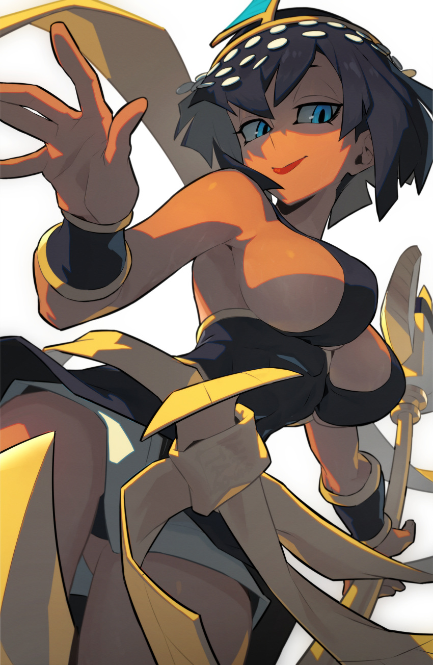 absurdres black_hair blue_eyes breasts closed_mouth dark-skinned_female dark_skin eliza_(skullgirls) female hata4564 headpiece highres holding holding_staff large_breasts lips looking_at_viewer short_hair simple_background skullgirls smile solo staff thighs white_background