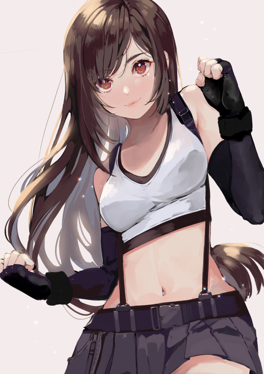 belt black_gloves black_hair black_shirt black_skirt blush breasts crop_top female final_fantasy final_fantasy_vii final_fantasy_vii_remake fingerless_gloves gloves highres large_breasts long_hair midriff nachoz_(nachozart) navel overalls red_eyes shirt skirt solo tank_top tifa_lockhart undershirt white_tank_top