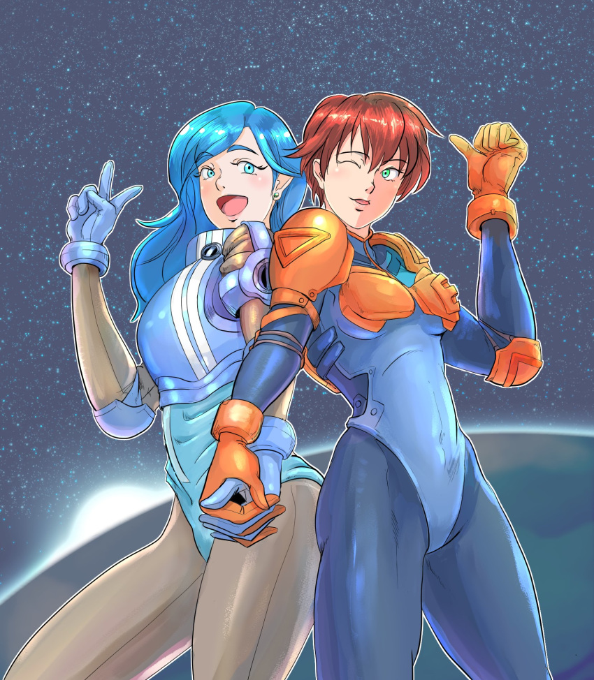 2girls aleste alice_pfeiffer_weisen aqua_eyes bb9_megadrive blue_eyes blue_hair bodysuit breasts ellinor_weisen gg_aleste gloves highres interlocked_fingers locked_arms medium_breasts multiple_girls musha_aleste one_eye_closed red_hair short_hair simple_background smile thumbs_up v