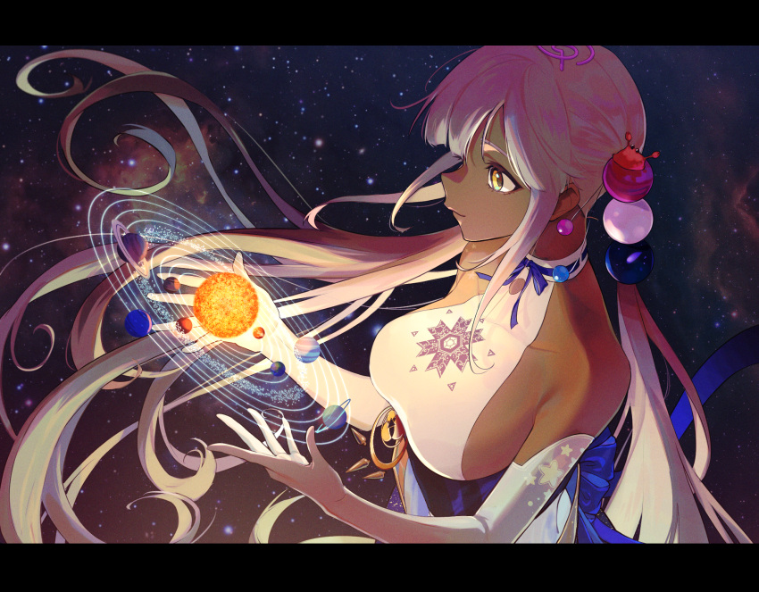 breasts dark-skinned_female dark_skin elbow_gloves female giant giantess gloves hair_ornament highres hololive hololive_english large_breasts letterboxed long_hair planet planet_hair_ornament ryuko_lee solar_system space star_(sky) tsukumo_sana tsukumo_sana_(1st_costume) twintails virtual_youtuber yellow_eyes