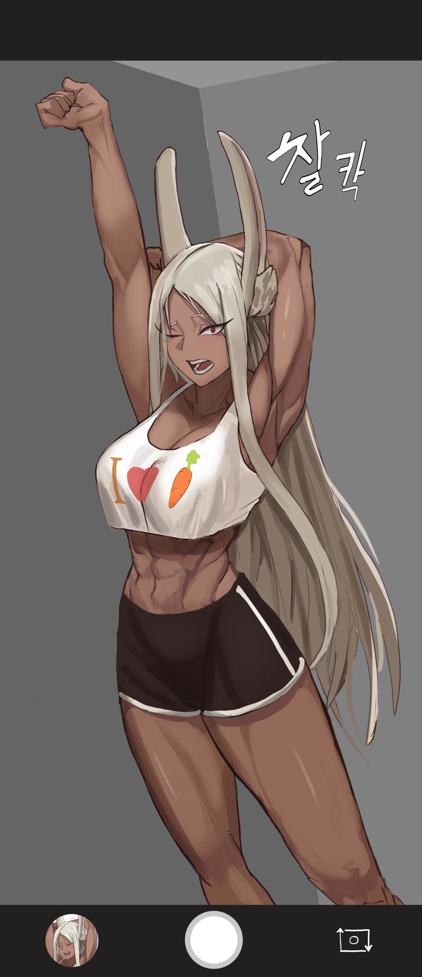 ;o abs absurdres animal_ears arm_behind_head armpits arms_up bare_arms bare_legs bare_shoulders black_shorts boku_no_hero_academia breasts carrot_print cleavage collarbone crop_top dark-skinned_female dark_skin fake_phone_screenshot fake_screenshot female food_print heart heart_print highres large_breasts long_eyelashes long_hair looking_at_viewer midriff mirko muscular muscular_female navel obliques one_eye_closed open_mouth parted_bangs rabbit_ears rabbit_girl raised_eyebrows red_eyes short_shorts shorts solo soolee040995 stretching tank_top tears thighs very_long_hair white_hair white_tank_top yawning