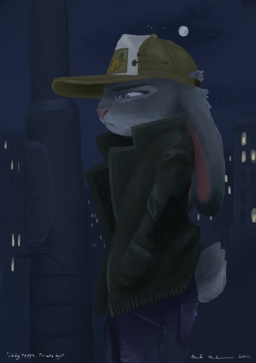 2016 absurd_res anthro axelegandersson building city clothed clothing disney ears_down fully_clothed fur grey_body grey_fur hat headgear headwear hi_res jacket judy_hopps lagomorph leporid mammal moon night outside pivoted_ears purple_eyes rabbit sky solo topwear zootopia